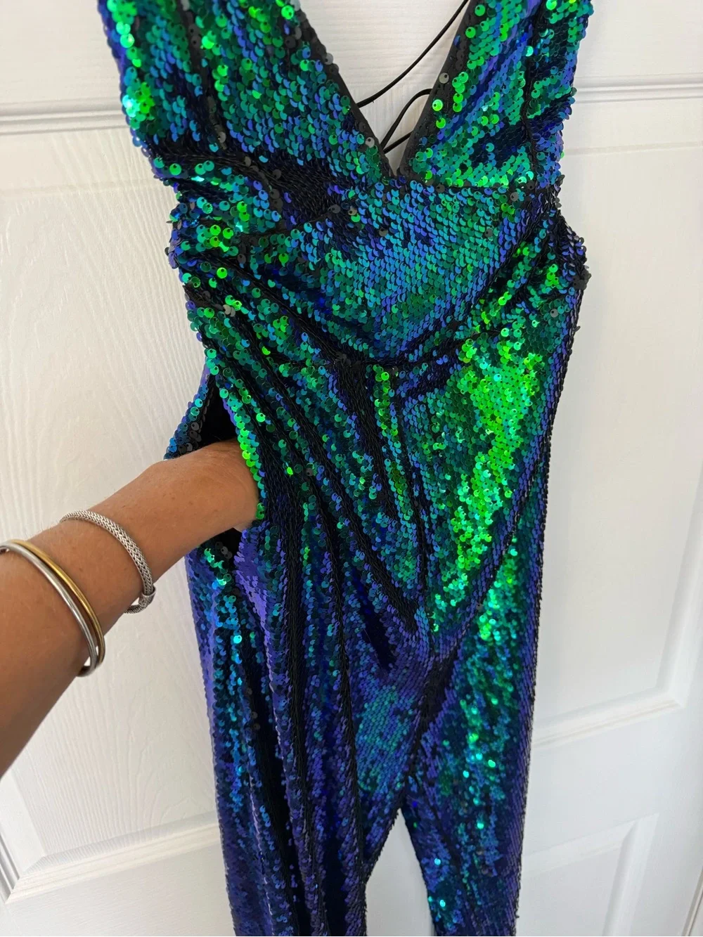 Lulu's Iridescent Sequin V-Neck Wide-Leg Jumpsuit in Green-Blue - Picture 6 of 7